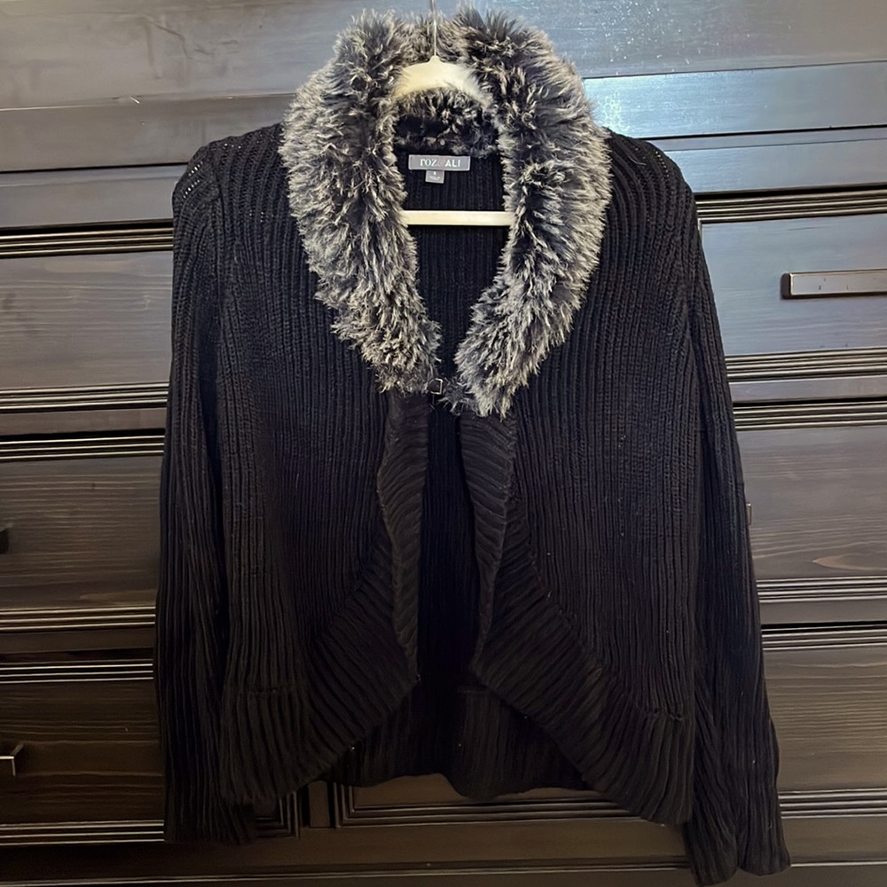 Rob & Ali cardigan sweater with fur.  Womens Small. Black